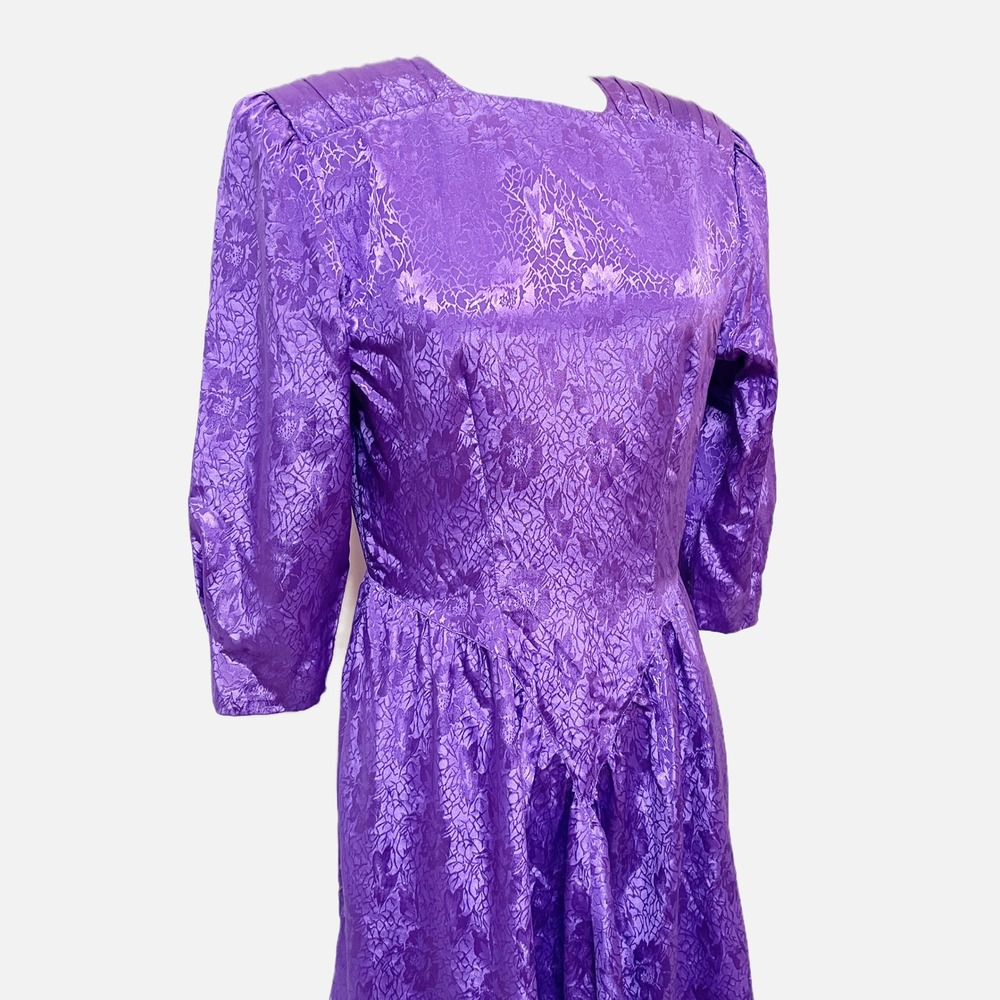 Erika's Place Vintage 80s Purple Floral Jacquard Basque Waist Maxi Dress Size 7 - Picture 3 of 8